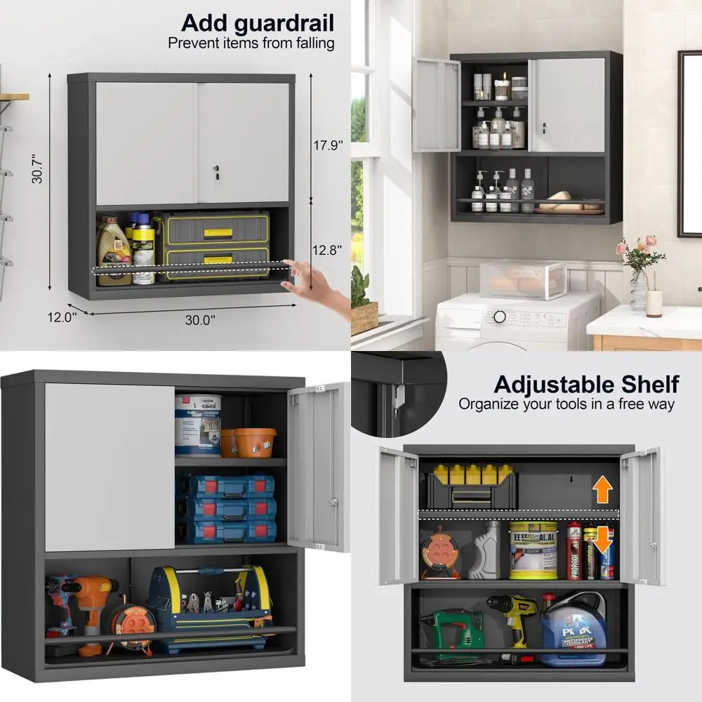 

31 Inch High Metal Wall-Mounted Storage Cabinet with Doors, Shelves, and Lockable Feature for Utility Rooms in Black and Grey