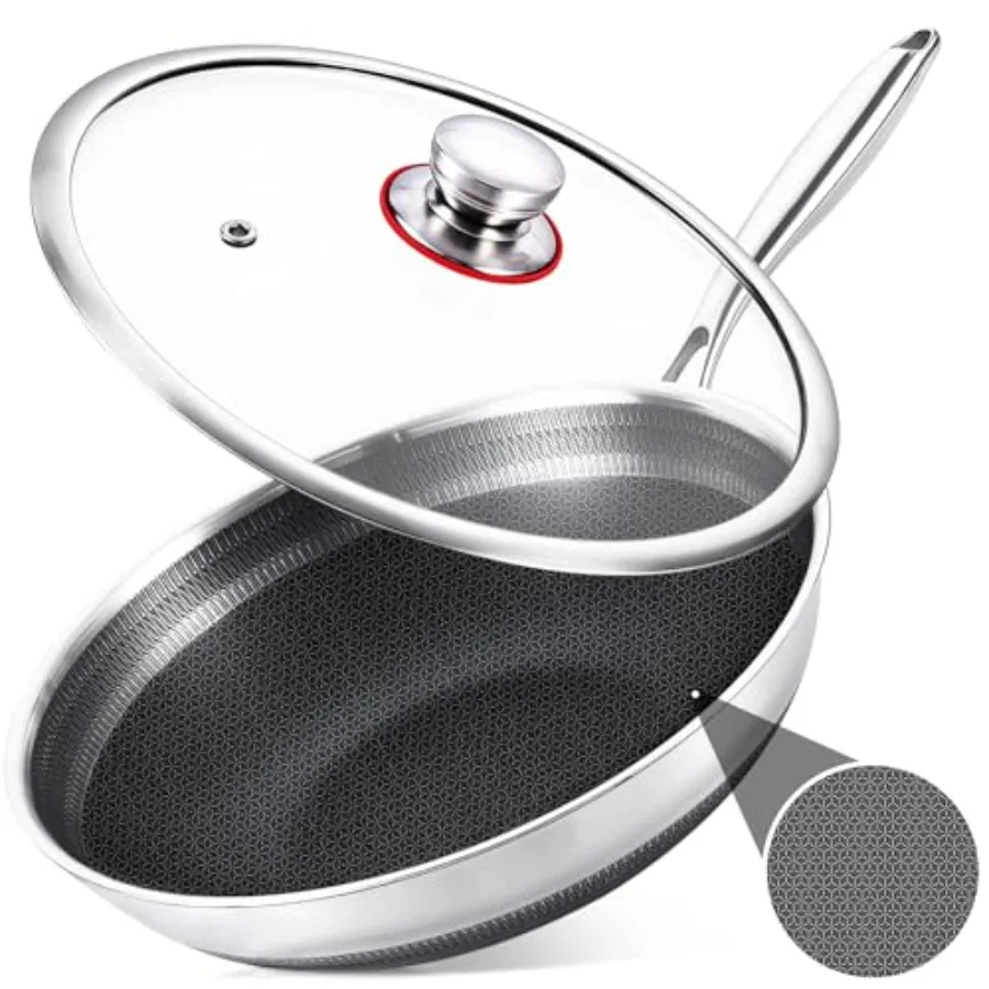 

13 Inch Hybrid Nonstick Wok with Lid, Double-Sided Honeycomb Stainless Steel Wok Pan, Long Handle, Induction Compatible, Oven a