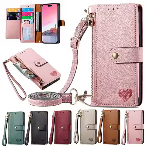Zipper Leather Wallet Anti-theft Case For Samsung Galaxy S24 Ultra S23 Plus S22 A05 A05S A15 A25 A14 Wrist Strap Cover Lanyard