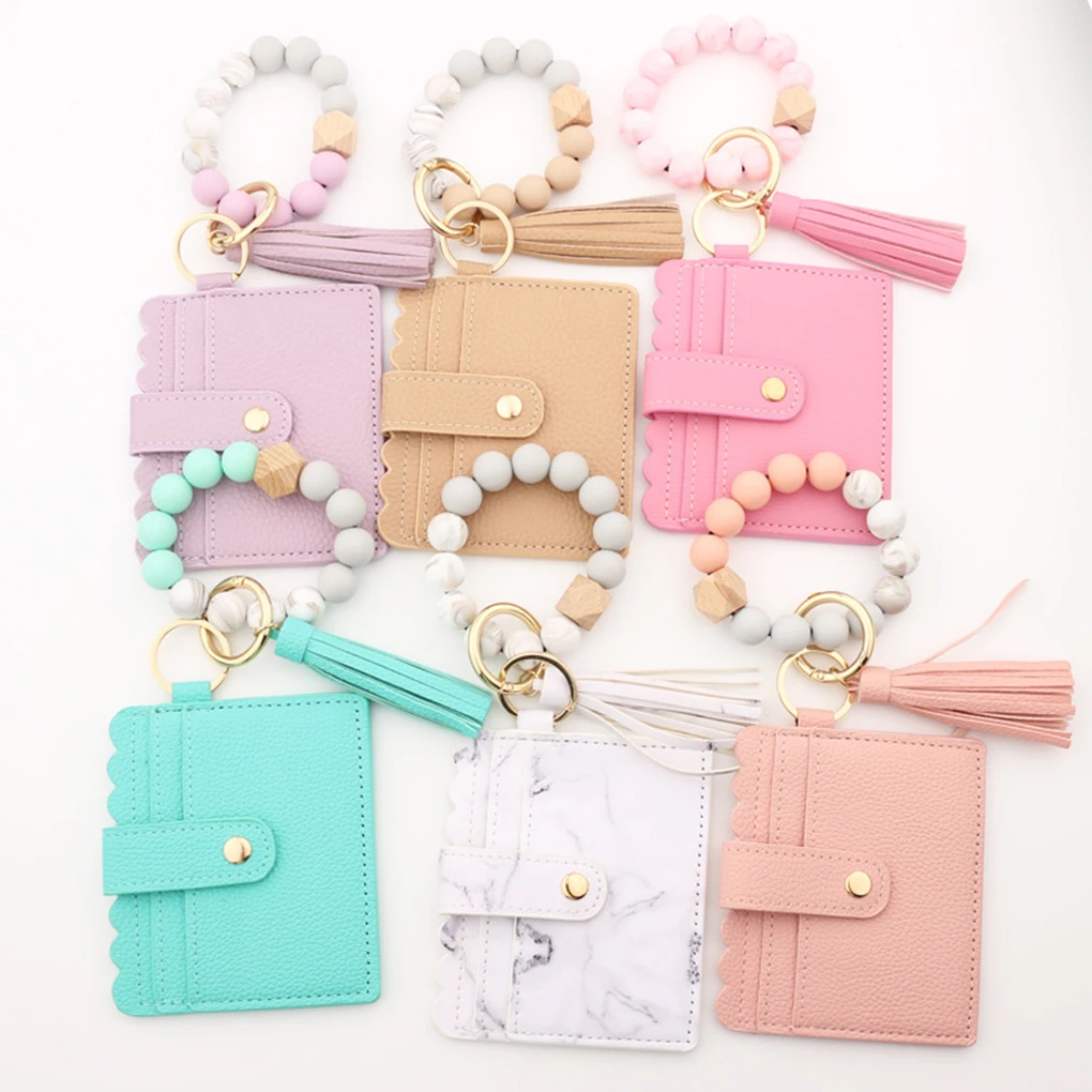 Women Keychain Bag with Tassel Wallet Fashion Key Chain Snap Button Card Holder Bracelet Jewellery Keys Light Purple