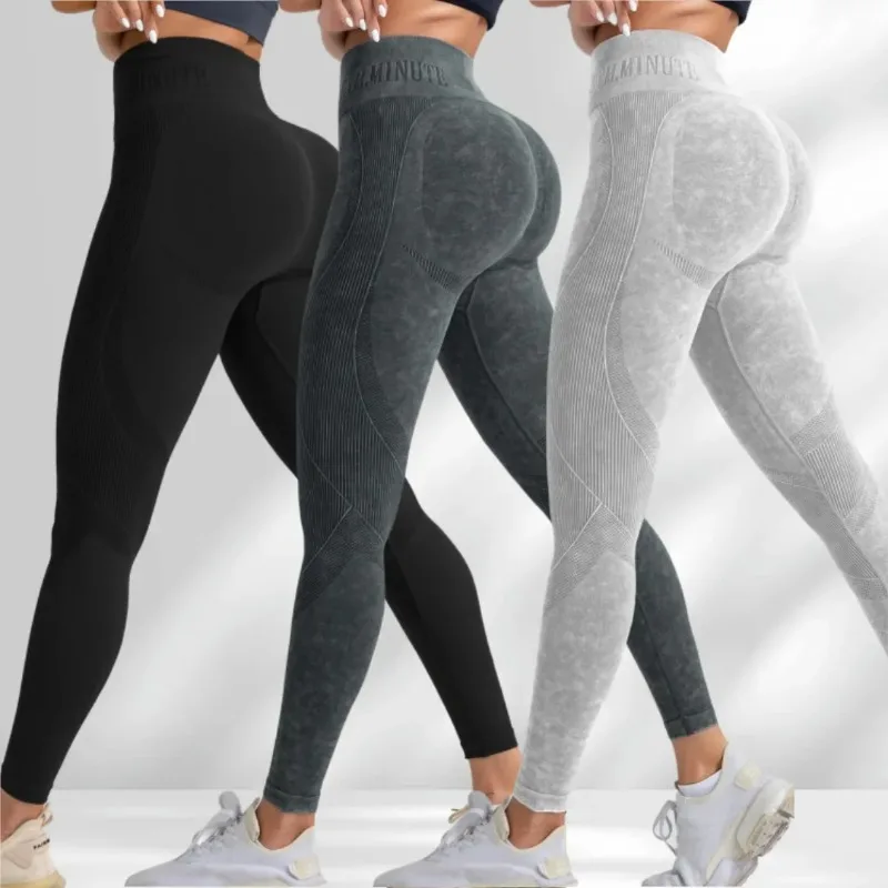 Women High Waist Seamless Yoga Pants Letter Sand Washed Hip Lifting Tight Waist Exercise Outdoor Sports Fashion Leggings