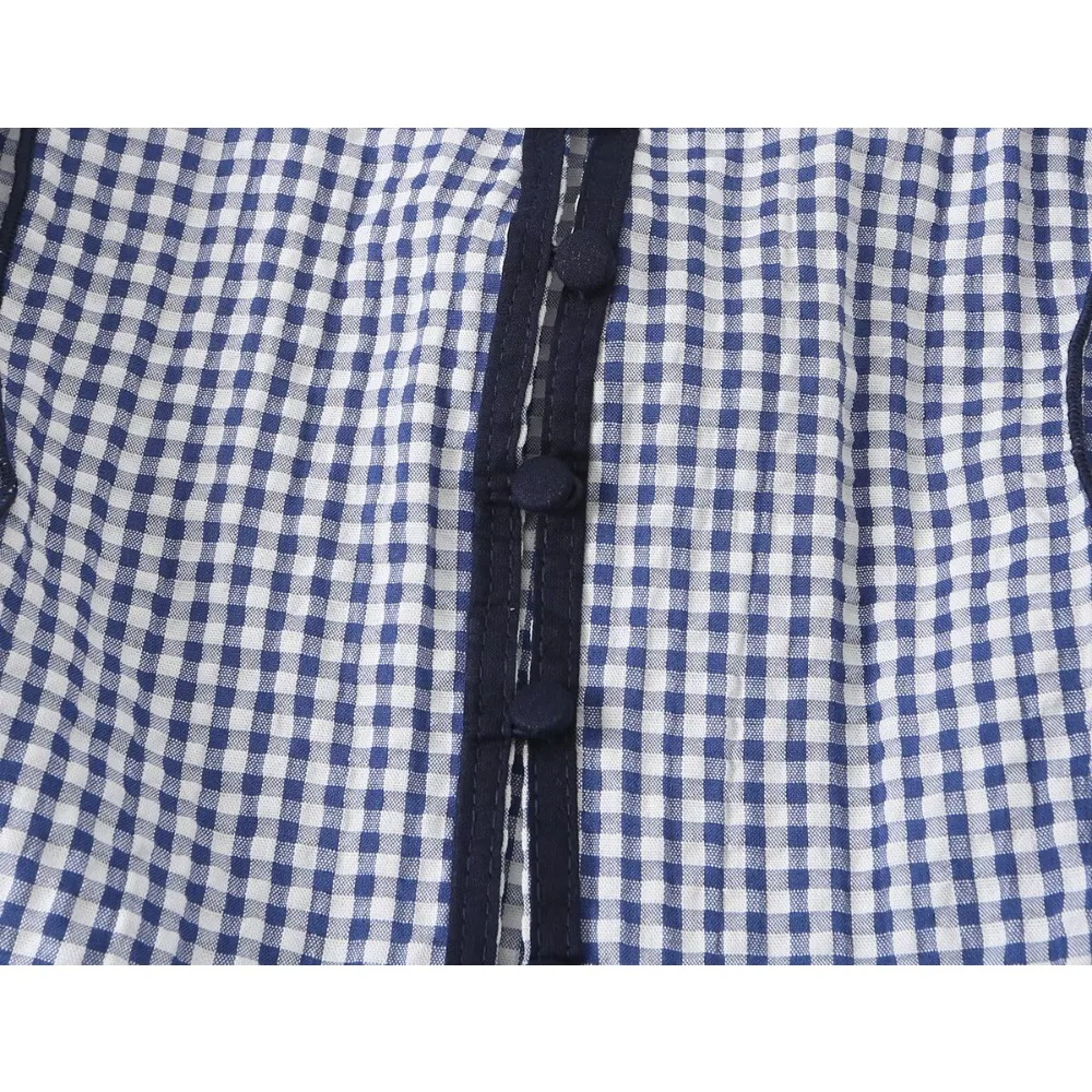 New in Summer Women Gingham Peplum Blouse with A-line Hem Elegant Stylish V-neck Short Balloon Sleeves Blouse with Elastic Cuffs 5