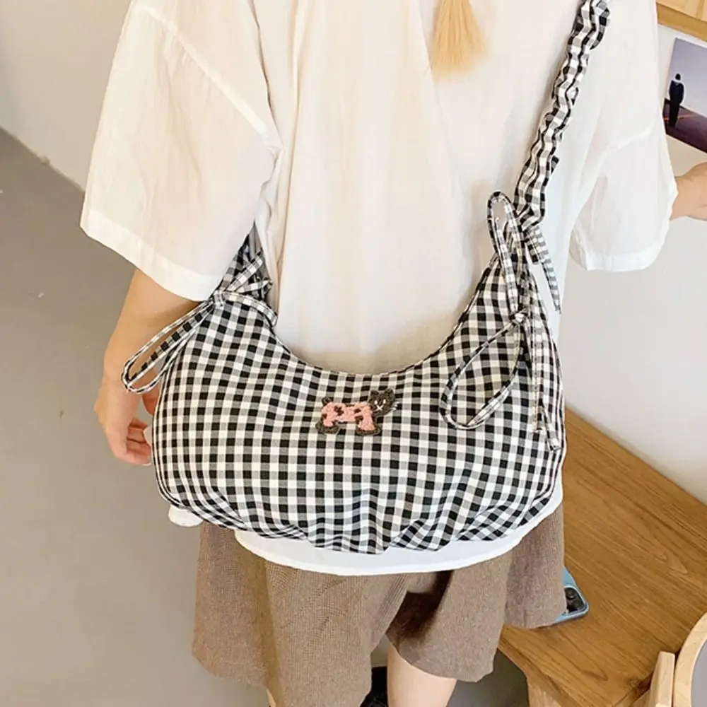 

Korean Style Plaid Dumpling Bag Sweet Pastoral Style Bowknot Tote Bag Underarm Bag Fresh Color Pleated Shoulder Bag Shopping