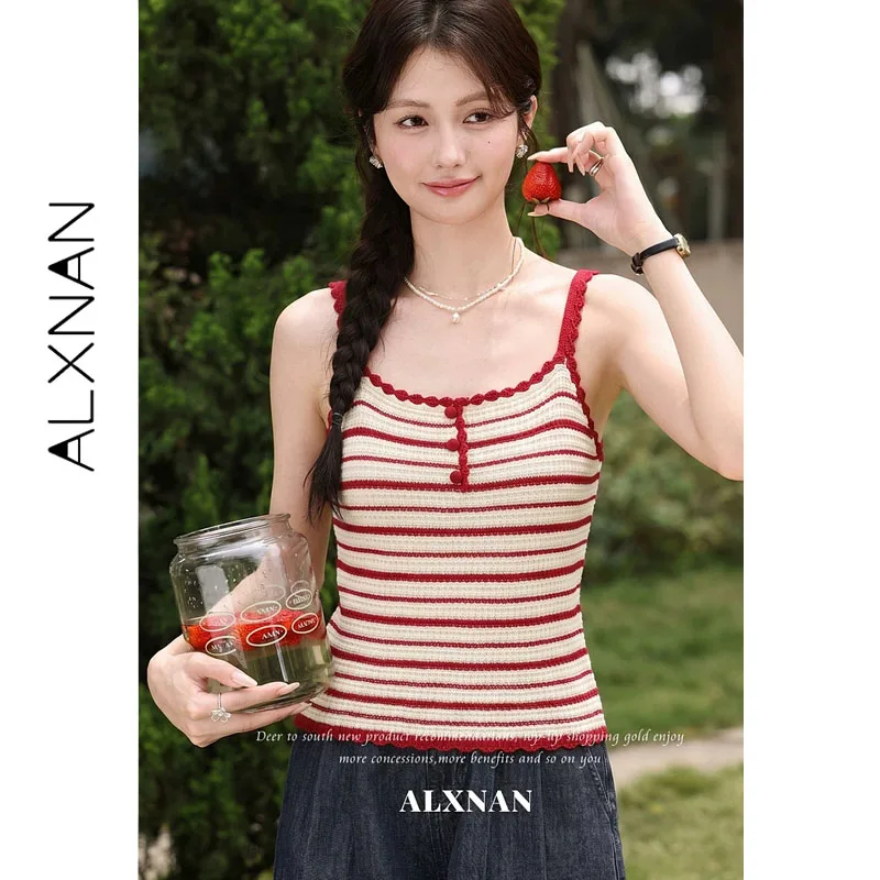 

ALXNAN Vintage Red Striped Knit Camisole with Lace Trim Slim-fit Elegant Camis Cotton 100% Summer Fashion Sleeveless Top L65861A