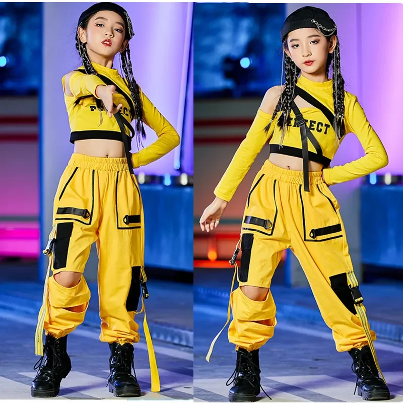 Costumes de danse Hip Hop pour filles, tenues jaunes pour enfants, vêtements de danse de rue jazz, vêtements de salle de Rh, vêtements de rave, olympiques de scène, RZ