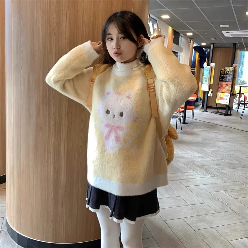 Gagaok Japan Style Cat Jacquard Knitted Sweaters Women Sweet Round Neck Pull Femme Outwear Fashion Long Sleeve Top Kawaii