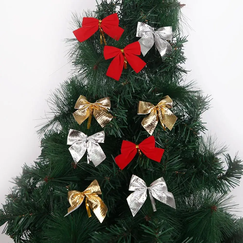 10/50pcs Christmas Bow Red Gold Mini Xmas Tree Bowknot Pendant Ornaments for Home Decoration Navidad New Year Party DIY Gifts