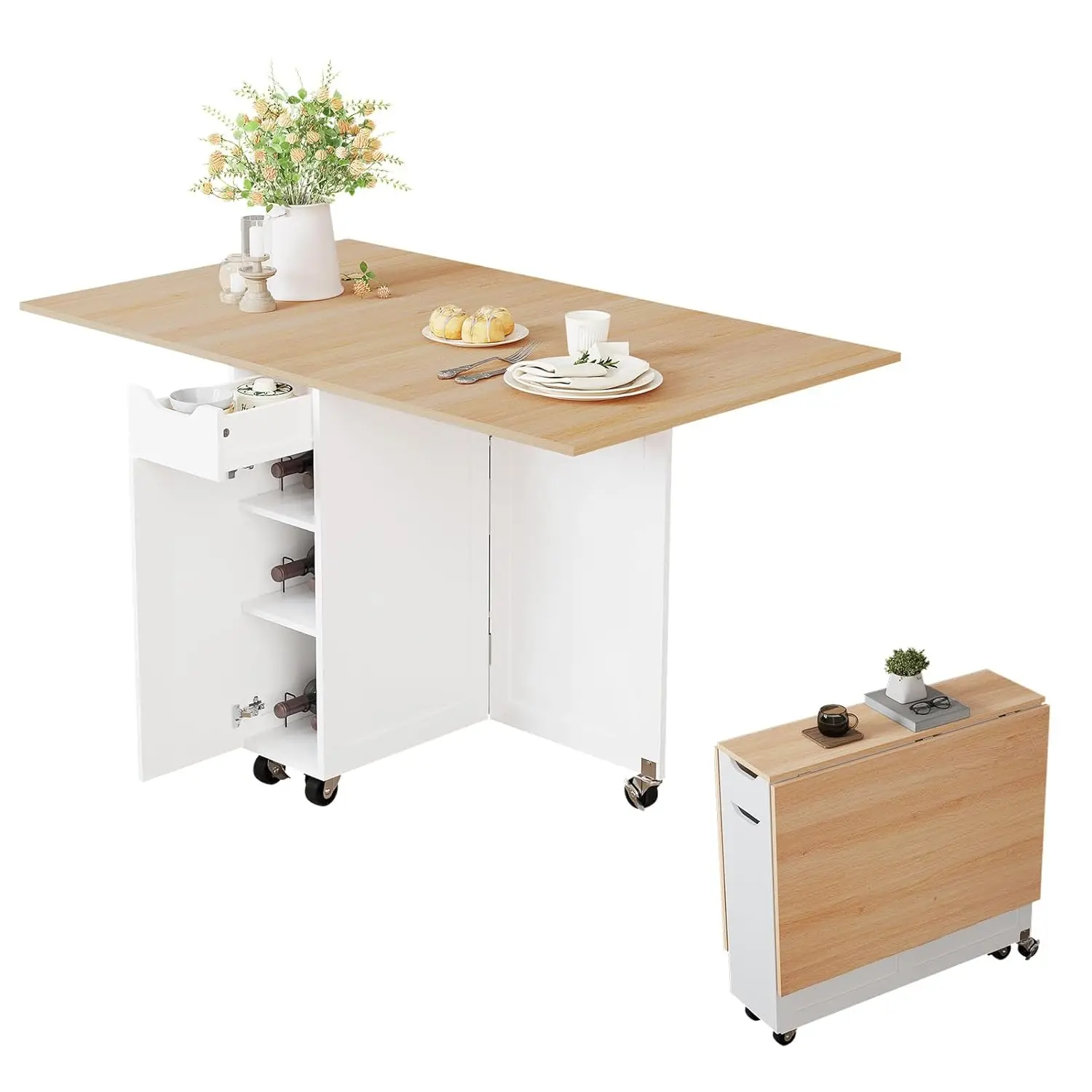 

Folding Dining Table, Dinner Table with Drawer and Storage and Shelves, Space Saving Dining Table with 6 Wheels, Customized