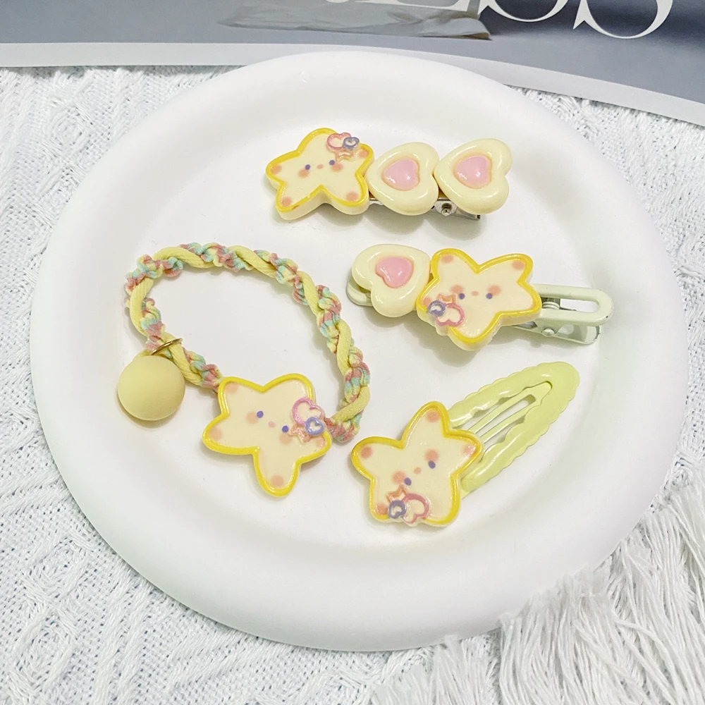 Star Hair Clip Cute Custard Yellow Smile Star Duckbill Hairpin Cartoon Sweet Girl Hair Rope Soft Cute Bangs Hair Accessories Set