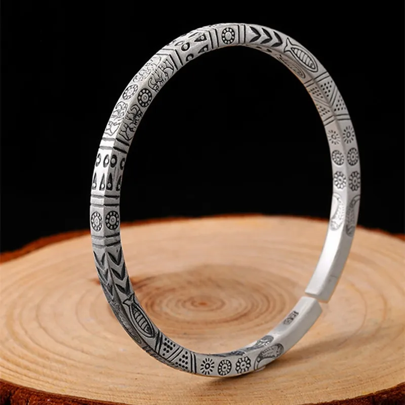 Simplicity Vintage S925 Sterling Silver Bohemian Style Totem Open Bracelet Men Women Party Biker Jewelry