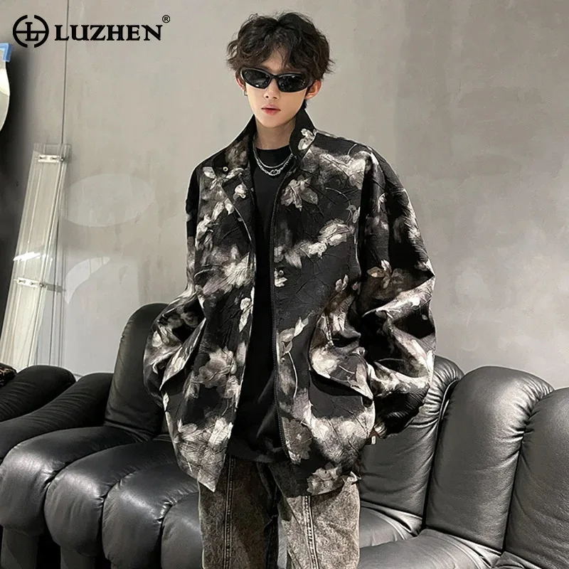 LUZHEN Blazer moda pintura Tie-dyed Floral hermoso tinta lavado abrigo hombres 2025 nuevo Original elegante chaqueta Casual suelta JY5583
