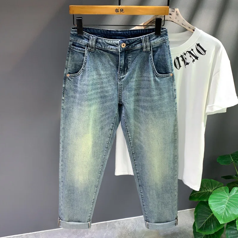 Celana panjang denim Vintage pria, celana panjang kaki lebar longgar nyaman mode baru desain bordir modis jalanan tinggi untuk pria