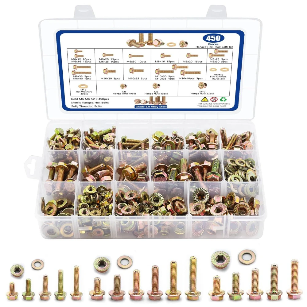 450pcs Color Zinc High-strength 8.8 Grade Hexagonal Flange Face Bolt with Washer Nut Set 10B21 Carbon Steel Screws Nut Bolt Sets