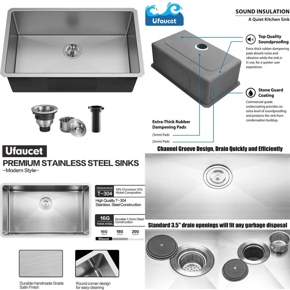 

Stainless Steel 30 Inch Undermount Single Bowl Kitchen Sink, 16 Gauge, 9 Inch Deep, Rectangular Design, Brushed Finish, Handcraf