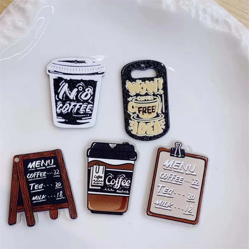 

Creativity style 50pcs/lot color coffee cup pattern print geometry shape acrylic beads diy jewelry garment/key chain accessory