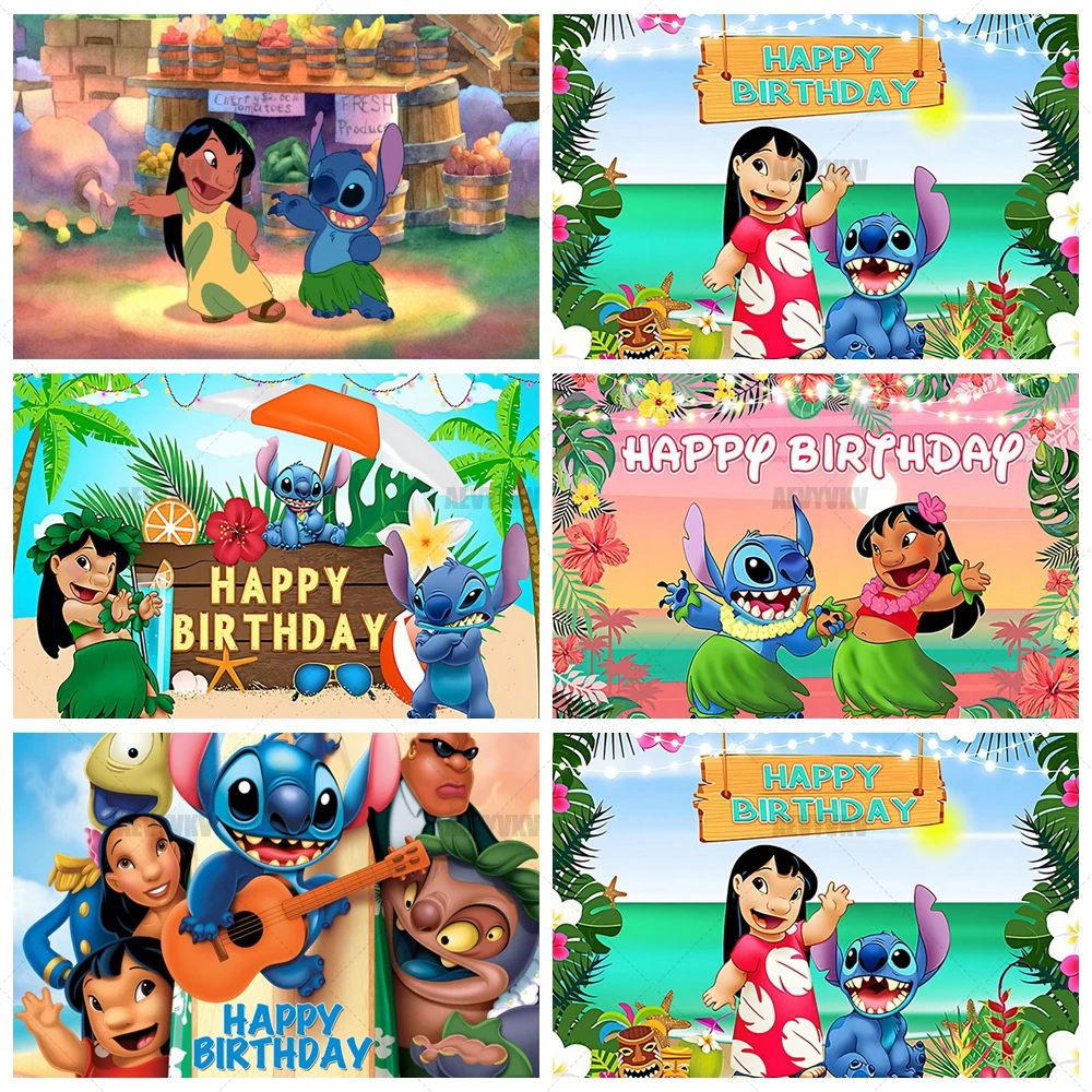 

Cartoon Lilo and Stitch Photography Background Ocean Flowers Summer Decoration Supplies Boys Girls Children Birthday Party Props