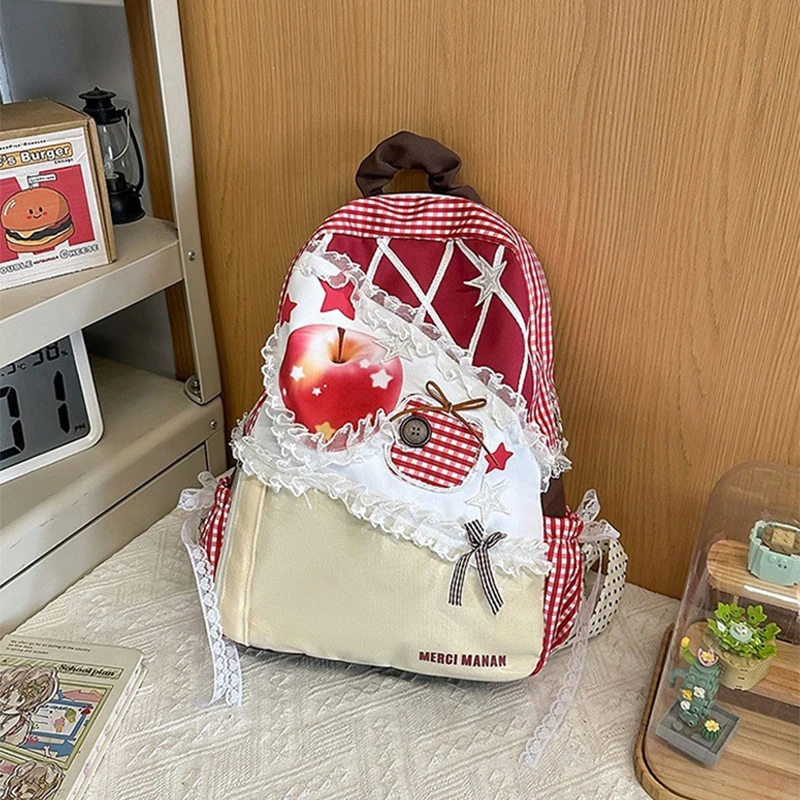 Plaid Checkered Apple Print Lace Ruffle Backpack Women Fashion Student School Bag Sweet Lolita Casual Daily Travel Rucksack