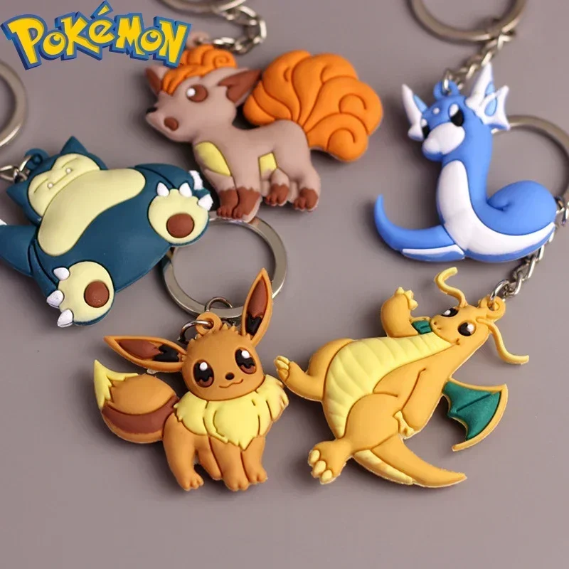 Pokemon Snorlax Eevee Dragonite Anime Figure Silicone Keychain Keyring Pendant Bag Backpack Decoration Children's Toy Gifts