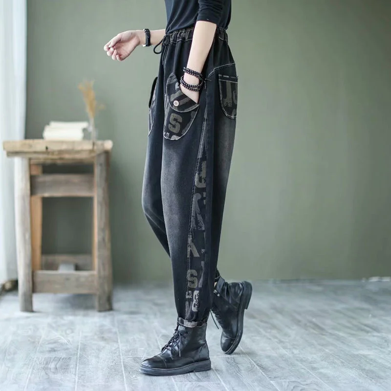 80-200 Pond Jeans Lente Nieuwe Verwesterde Brief Afdrukken Losse Slanke Patchwork Harlan Broek Vrouwelijke Cowboy broek JJ1000