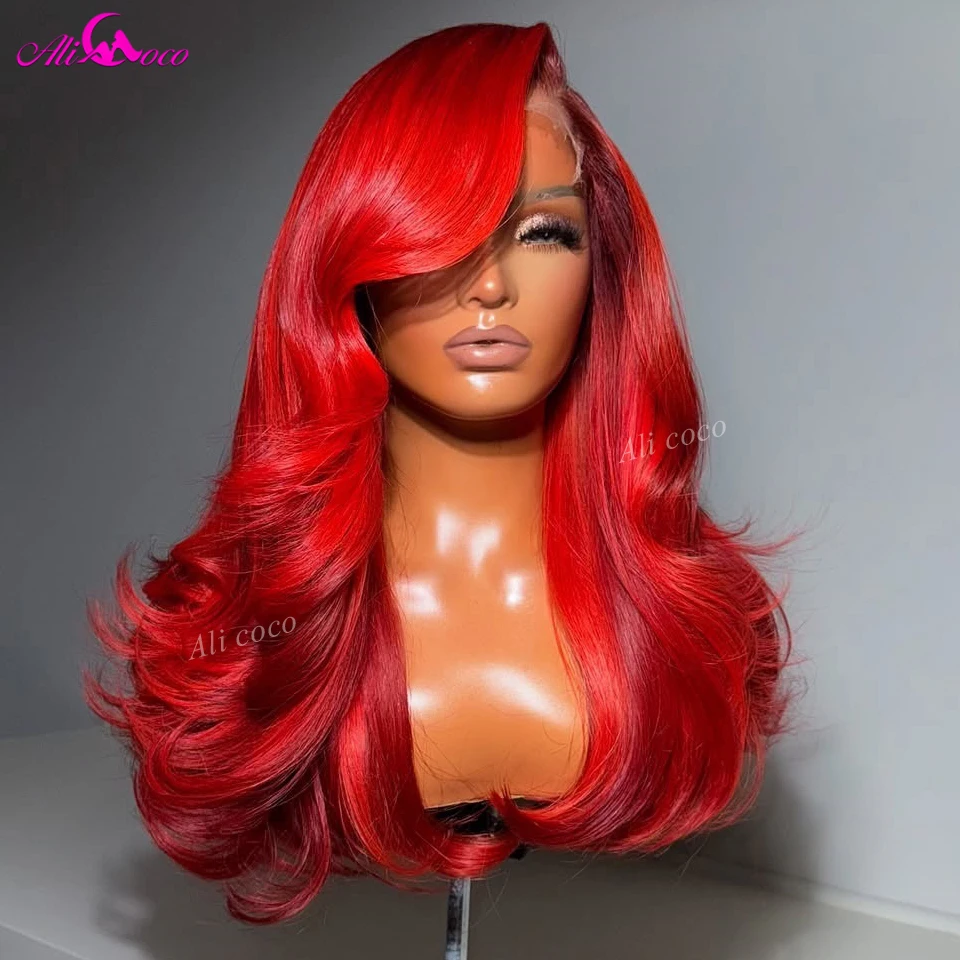 Drawstring Wigs Red with Burgundy 99J Highlights 180 Density Transparent Lace Front Closure Body Wave Glueless Real Human Hair