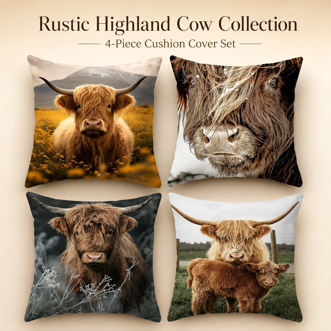 

Aesthetic Highland Cow Cushion Covers 4PCS Set 2D Flat Printed Peach Skin Farmhouse Pillowcase Interior Room Decor Sofa