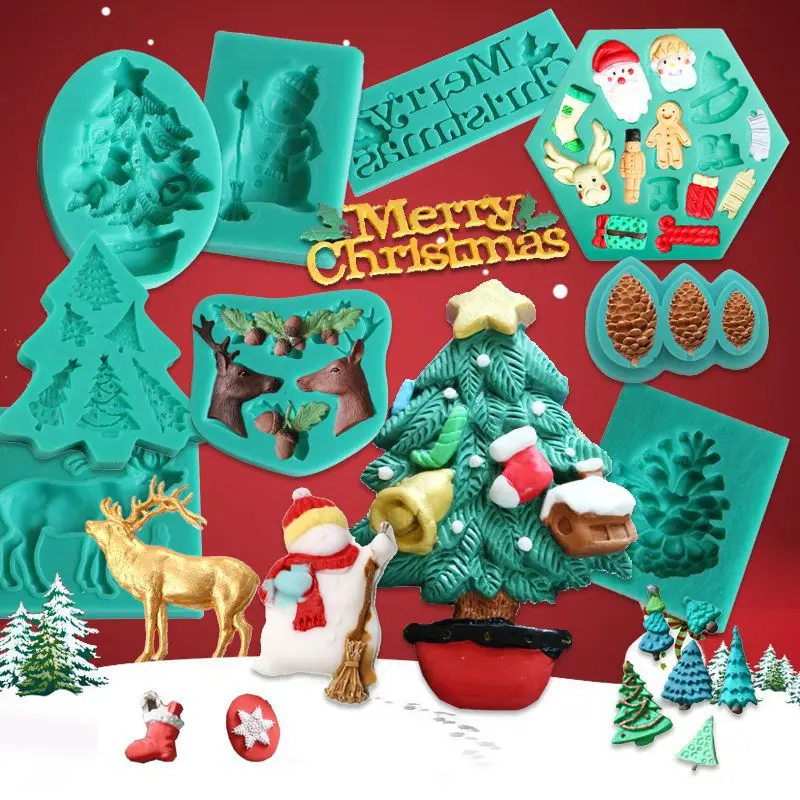 Christmas Tree Snowflakes Elk Pine Nut Silicone Mold Cake Lace Chocolate Fondant Mold DIY Baking Cooking Cake Decoration Tools