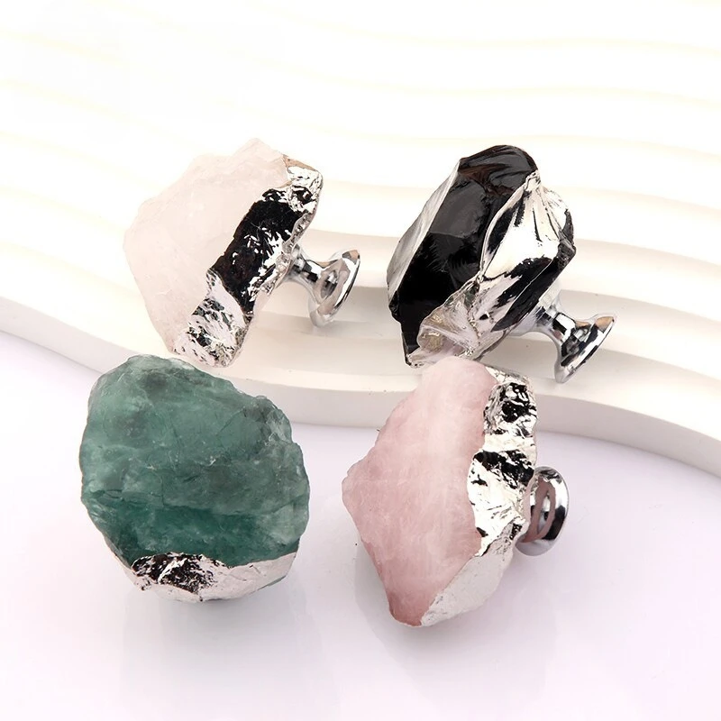 Natural Crystal Stone Brass Knob Silver Edge Silver Base Single Hole Minimalist Cabinet Wardrobe Drawer Furniture Decor Pull