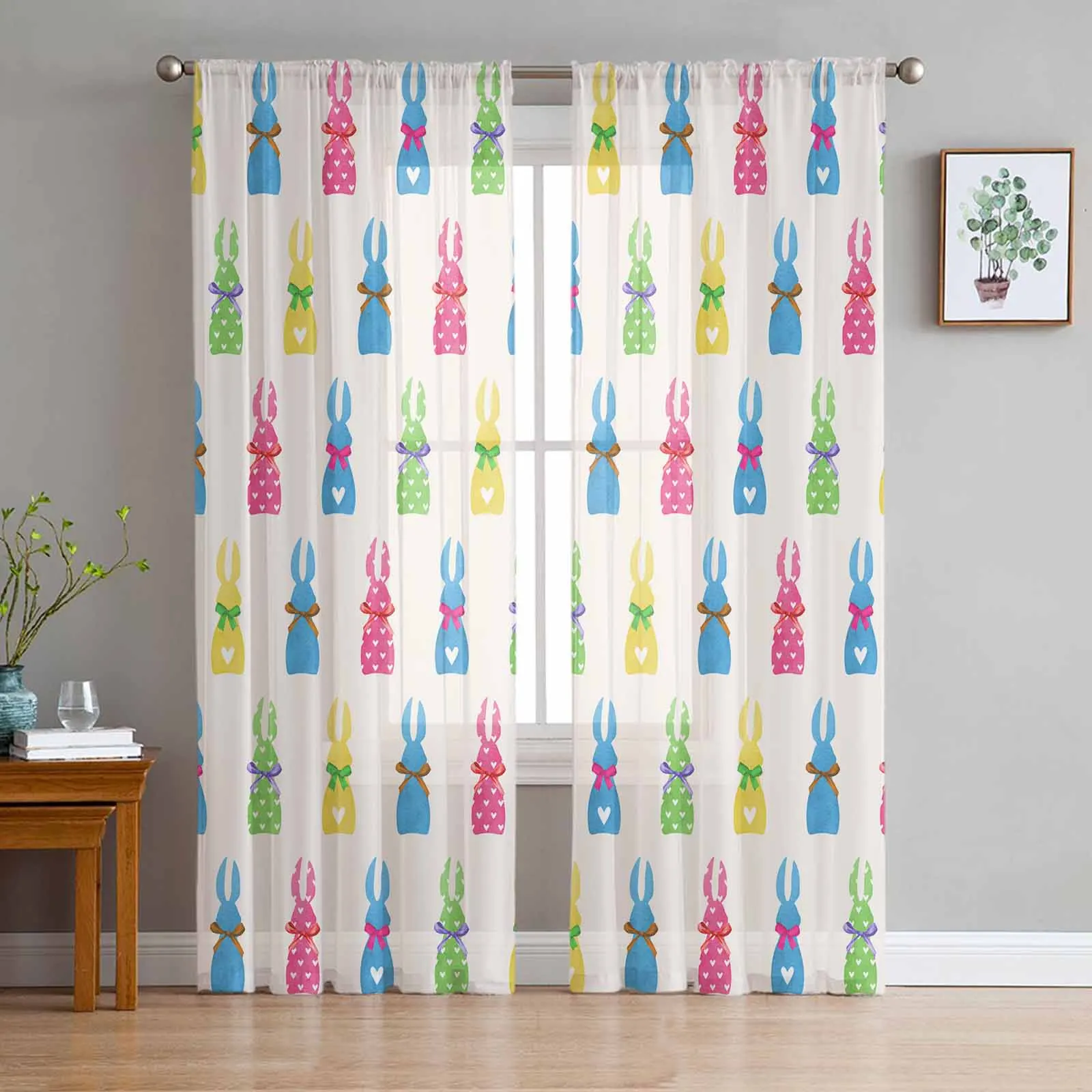 Easter Colorful Bunny Voile Curtains for Bedroom Window Tulle Curtain for Living Room Sheer Blinds Drapes