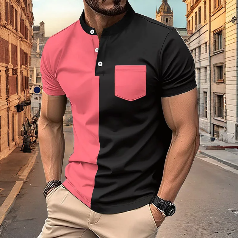 Men's Short sleeved Polo Shirt 2024 Summer Classic Pocket Fashion Panel Henley Shirt Men's Casual Polo Shirt