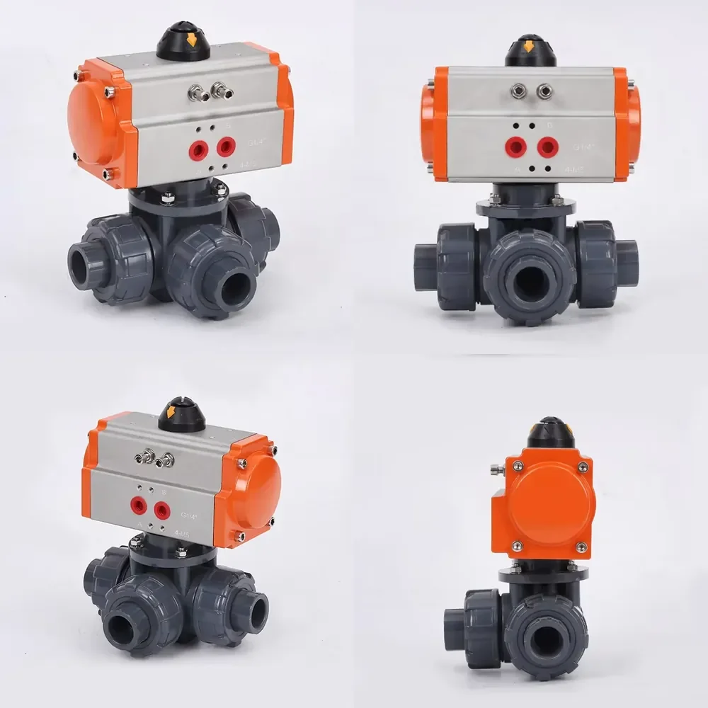 WSQ Double Union PVC Plastic 3 Ways L Port Pneumatic Control Socket Ball Valve Spring Returned with Air Solenoid Valve