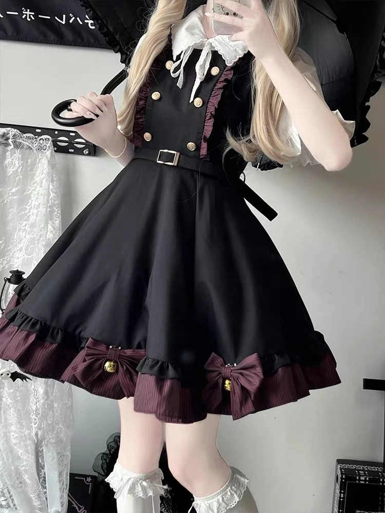 

Cute Bow Ruffled Patchwork Dress with Flare Sleeve Lolita Blouse Y2k Aesthetic Japanese Kawaii Two-Piece JK Suit Women's Outfit