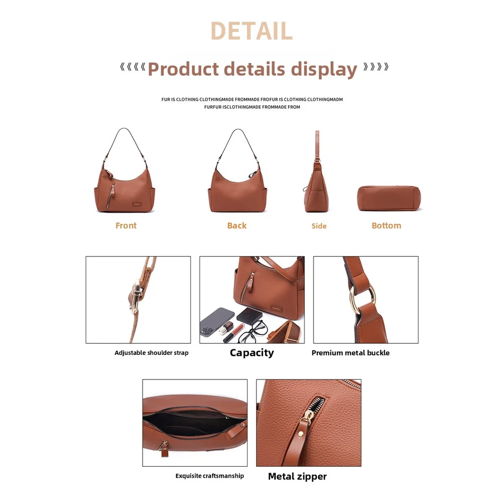 High quality PU leather women's bag with large capacity for commuting, simple armpit bag, multiple pockets, portable tote bag