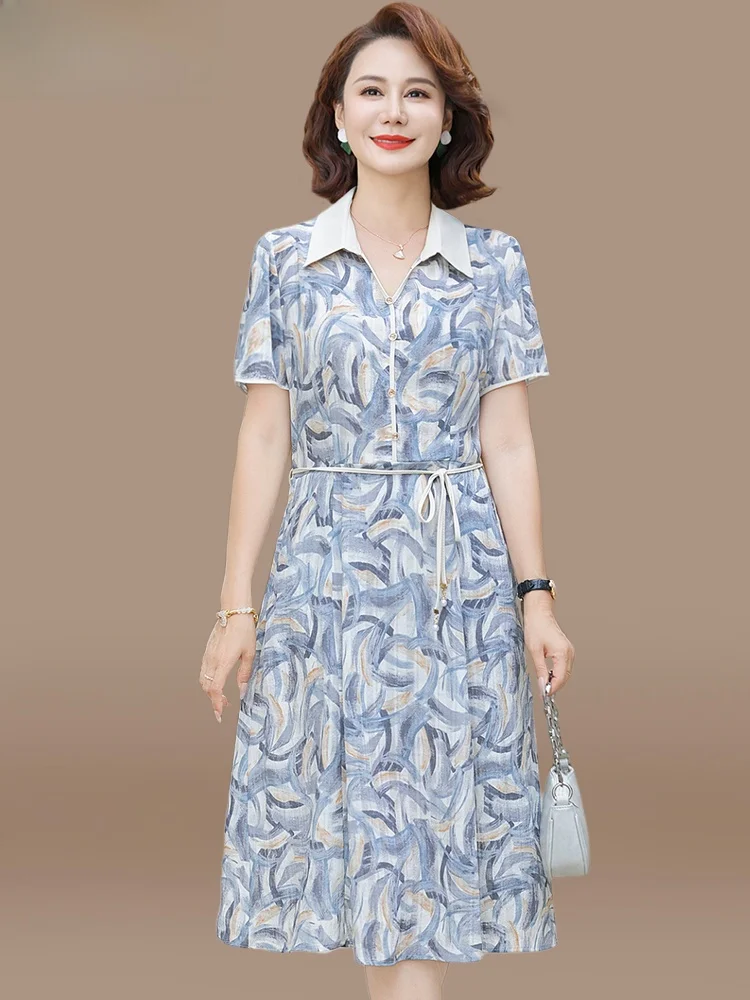 

Faionable Young Mom Summer Dr 2025 New Sle Slimming Midi Skirt Polyester Fiber Regular Sve Collar Mid-Length