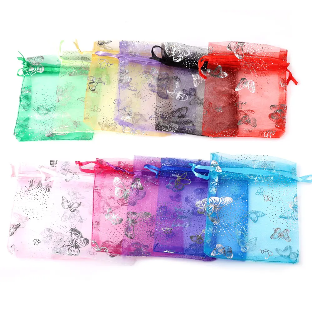 50pcs/Lot Silver Color Butterfly Organza Jewelry Bags 7x9cm 9x12cm 13x18cm Christmas Wedding Candy Gift Storage Drawstring Pouch