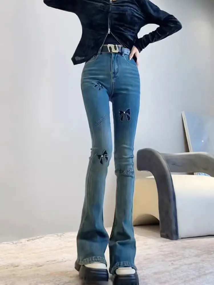 

Large size micro flared jeans for women in autumn 2025 high waisted fashionable versatile elastic slim fit flared pants