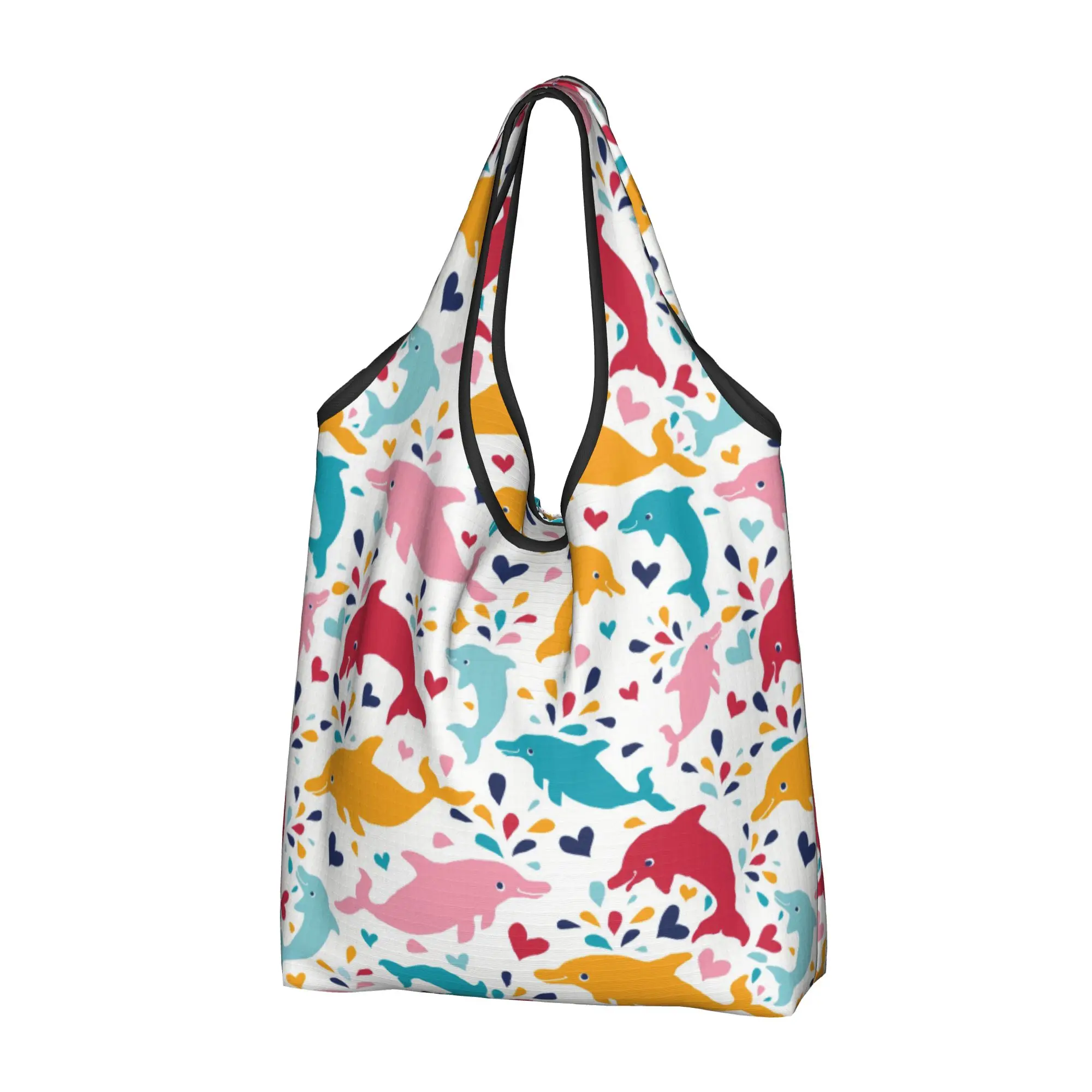 Kawaii Funny Colourful Creative Dolphins Printed  Shopping Tote Bags Portable  Grocery Shoulder Shopper Bag