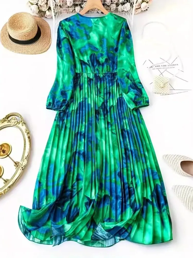 Plus Size Autumn Long Sleeve Dress Women Tie Dye Print Fashion Slim Waist Ladies Dresses Ruffle Pleated Loose Woman V-Neck Dress