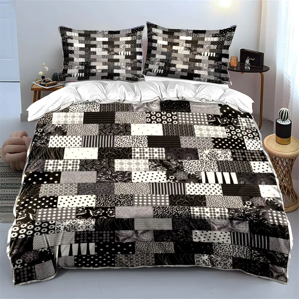 Black White Floral Patchwork Quilt Bedding Set, Vintage Polka Dot Stripe Grid Patch Print 1 Duvet Cover 2 Pillowcase, Gift