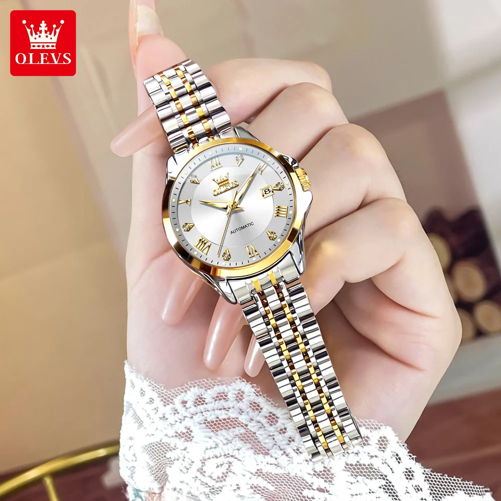 OLEVS 6702 Woman Watch Steel Strap Auto Date Mechanical Watch For Women Roman Scale Luxury Luminous Waterproof Ladies Hand Clock