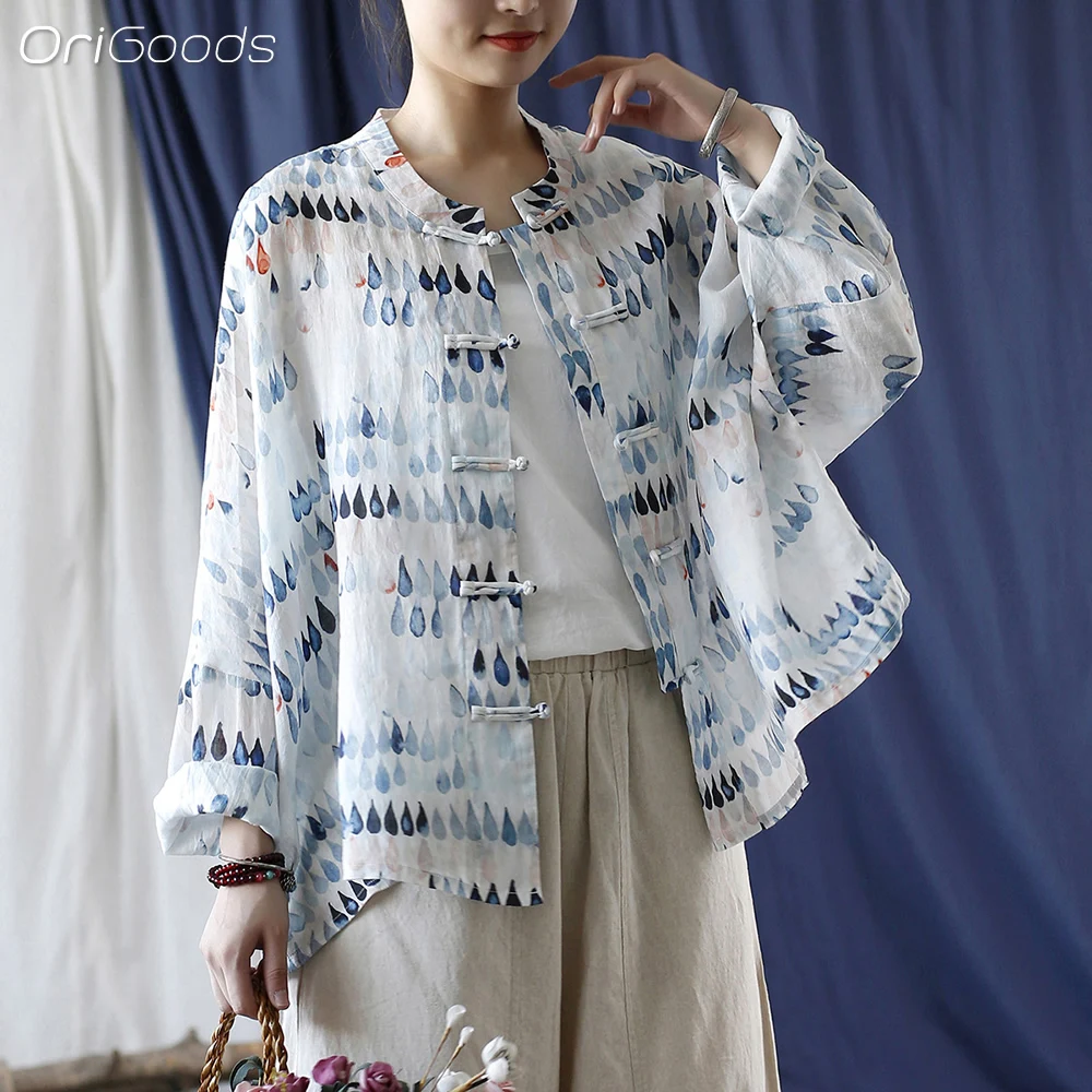 

OriGoods Batwing Sleeve Shirt Tops Women Oversized Ramie Print Summer Shirt 2024 New Chinese Japanese Style Vintage Blouse X047