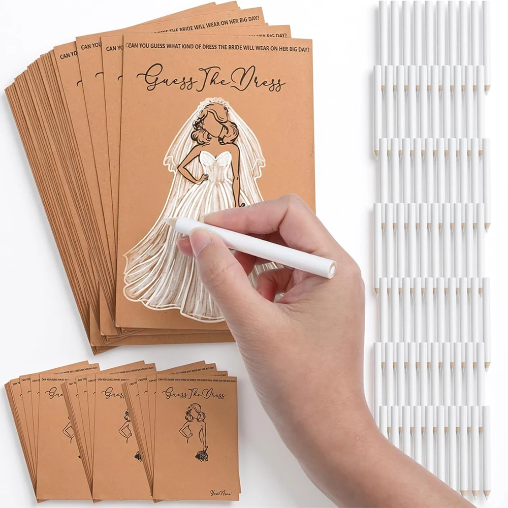 20 Stück Hochzeitskleid-Guess-the-Dress-Spielkarten mit Stiften – Brautparty-Malspiele für Junggesellinnenabschiede und Hochzeitsdekorationen – Detail 6