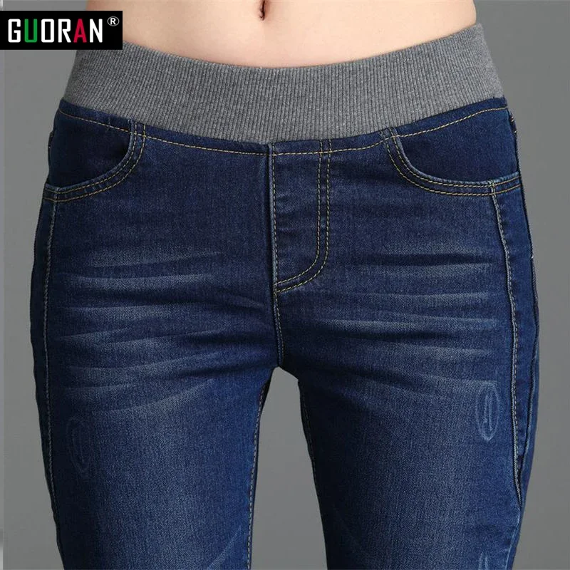 Women High Waist Cashmere Skinny Jeans Winter Warm Blue Stretchy Elastic Waist Soft Comfy Denim Pants 26-34