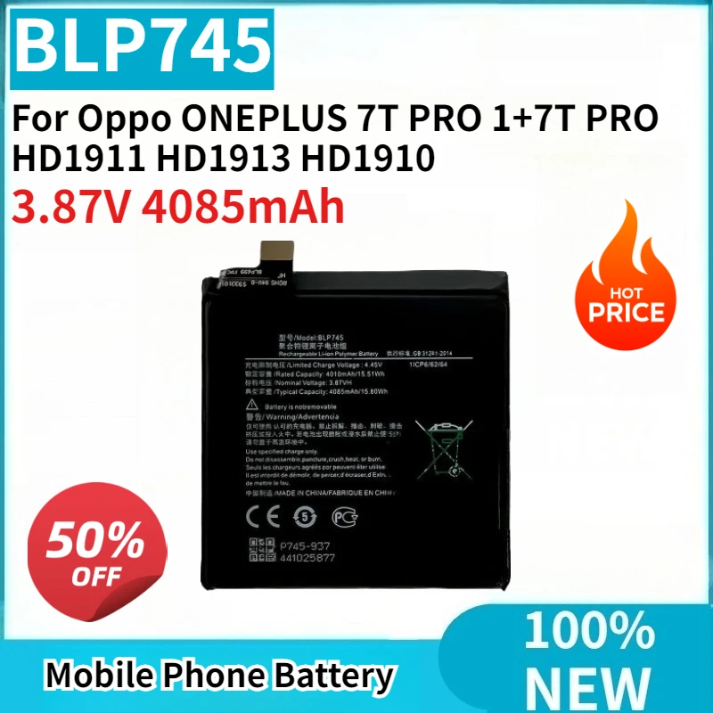 

New Replaceable Battery BLP745 3.87V 4085mAh High Quality For Oppo ONEPLUS 7T PRO 1+7T PRO HD1911 HD1913 HD1910 Mobile Phone