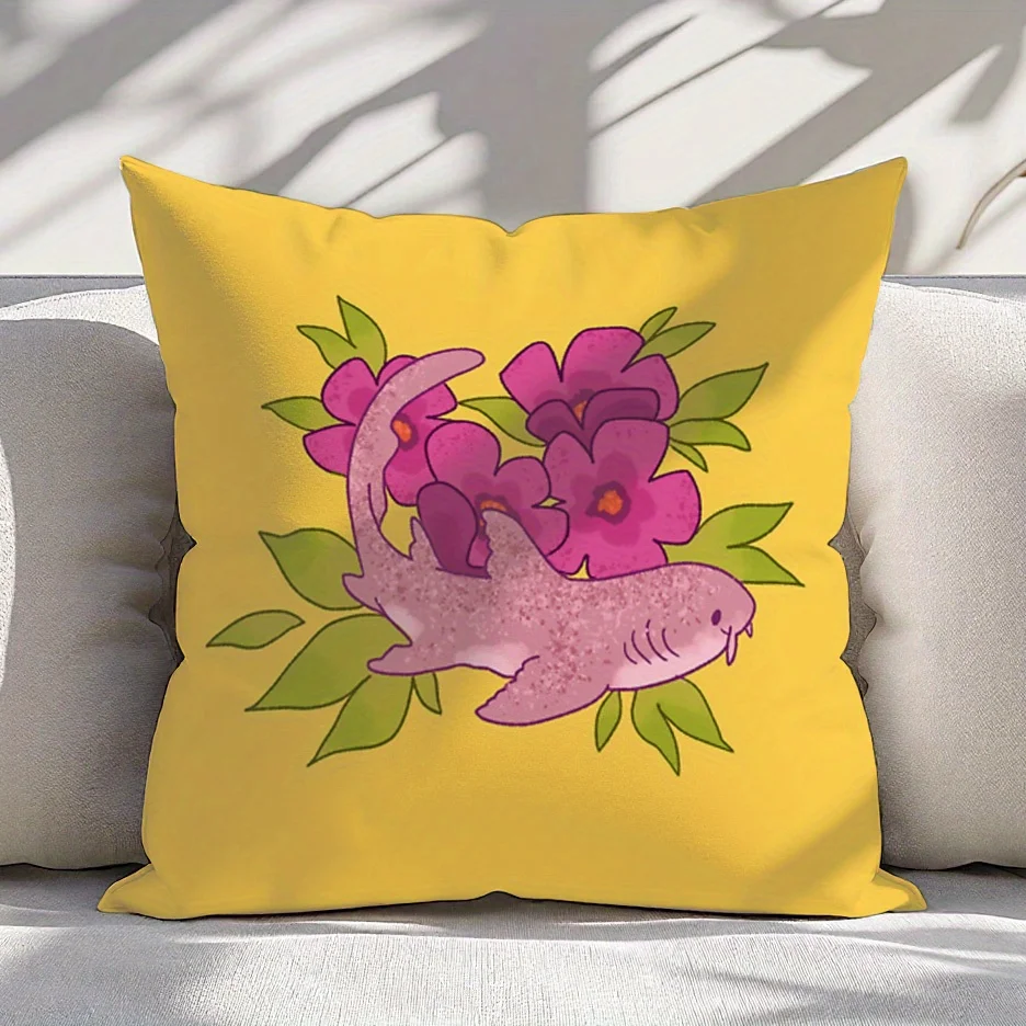 Nurse Shark Tropical Cushion Cover Single-Sided Polyester 18x18 Inch Zipper Mustard Yellow Pink Floral Washable