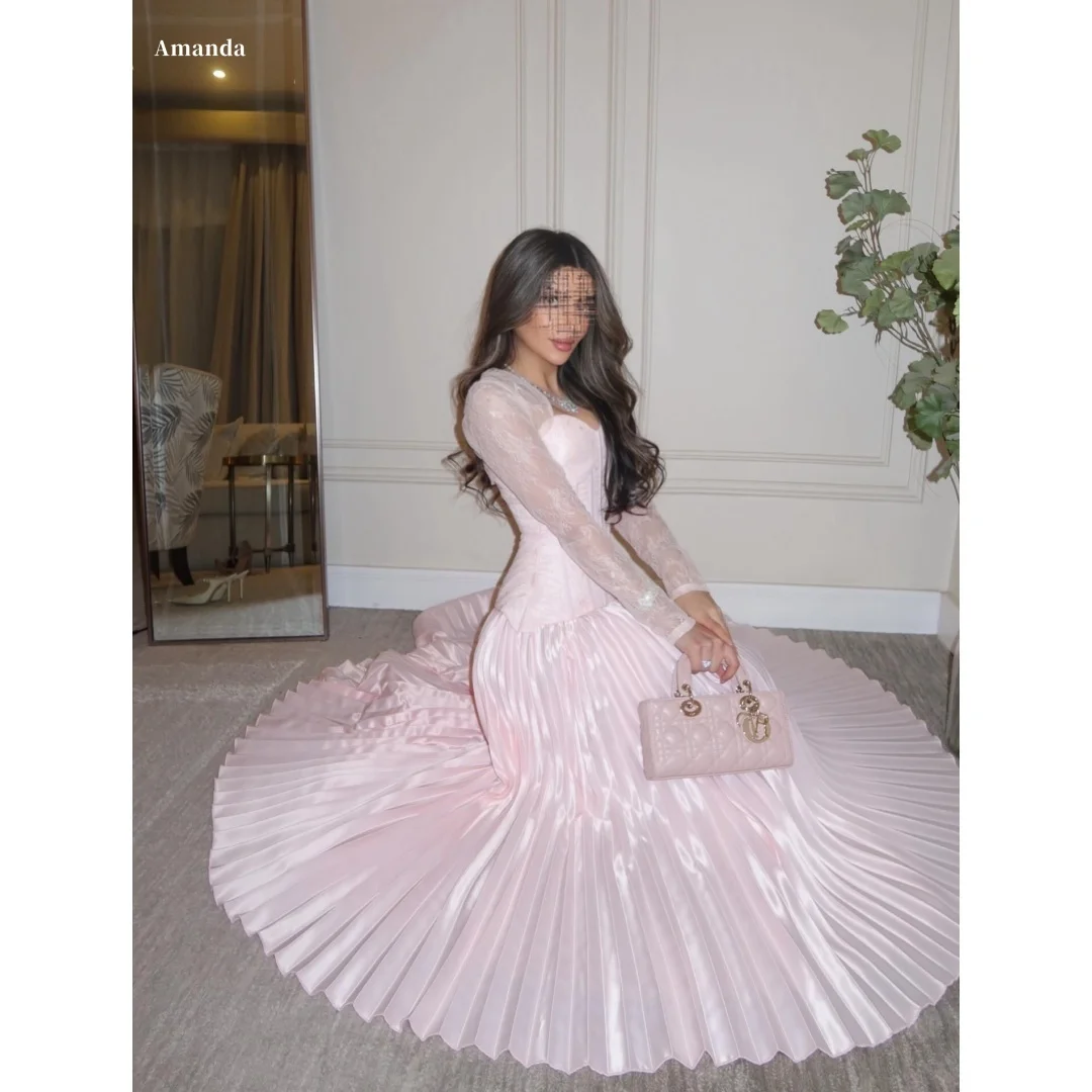 

Amanda Customized Blush Pink Sweetheart Prom Dress Lace Long Sleeves Satin Pleated Ball Gown Floor Length Formal Evening 2026