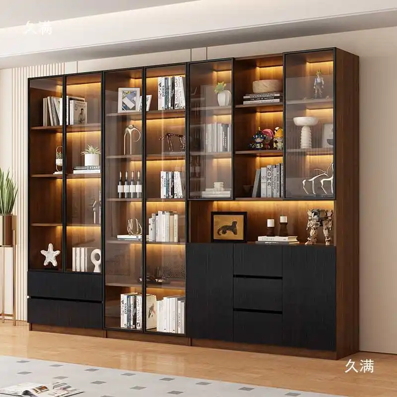 

Modern Living Room Cabinet Wooden Bookcase with Glass Door Storage Wine Cabinet Display Cabinet Bookshelf Drawers Furniture