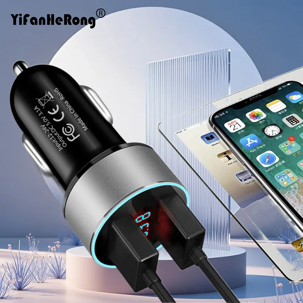 

Автомобильное зарядное устройство 3,1 А, двойная USB-розетка, зарядное устройство для телефона, вилка прикуривателя, адаптер питания, 2 порта, USB-дисплей, напряжение для 12 В, 24 В