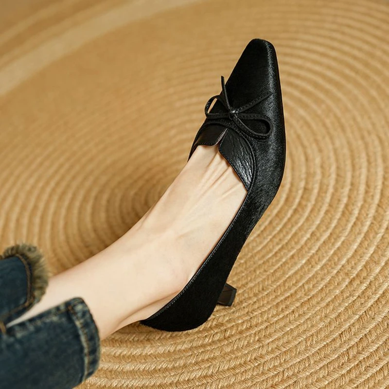 NEW Spring/Autumn Women Pumps Horsehair Shoes for Women Square Toe Kitten Heel Shoes Slip-on Shallow Bow-knot Handmade Shoes