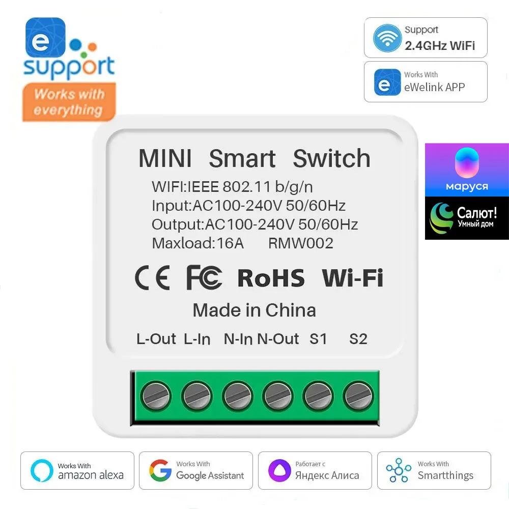 16A Wifi Smart Switch Smart Home Light Switches Module 2 Way Control Work with Tuya Smart Life Alexa Google Home Switch