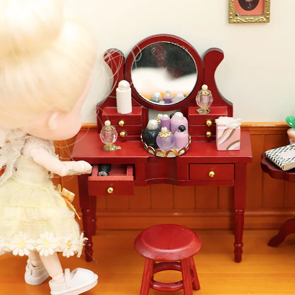 1/12 Dollhouse Miniature Wooden Dresser Mini Dressing Table Model Toys for Doll House Accessories Decoration